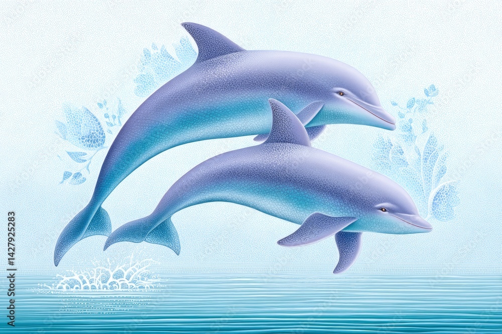 Watercolor painting of dolphins jumping across a clean ocean with sunlight dancing on the waves Watercolor painting of dolphins jumping across a clean ocean with sunlight dancing on the waves