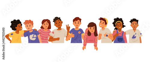 Diverse group of children standing together flat vector illustration isolated on white. Template for advertising with space for text.