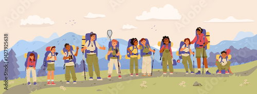 Group of multiracial children with backpacks with two teachers hiking in the mountains flat vector illustration.