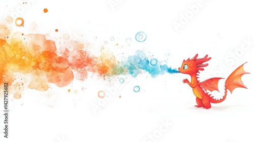 Colorful Tiny Dragon Blowing Smoke Rings in Vector Style