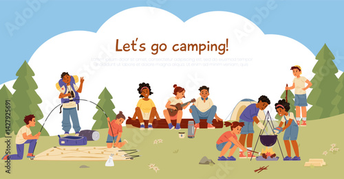 Let's go camping vector banner with diverse children in summer camp putting up tent, cooking, sitting near campfire, playing ukulele illustrations.