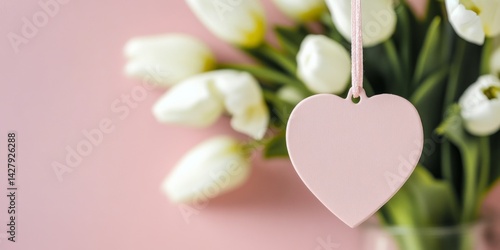 Spring, Mother's Day, Birthday or Valentine's Day greeting card - Tulips bouquet bunch tulip flowers with heart gift tag, isolated on pink background