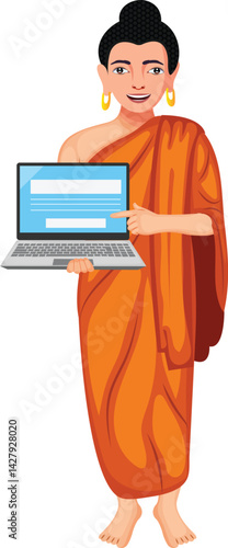 Illustration Of Lord Buddha Standing And Showing Laptop Cartoon Character Vector Image (Royalty Free)	