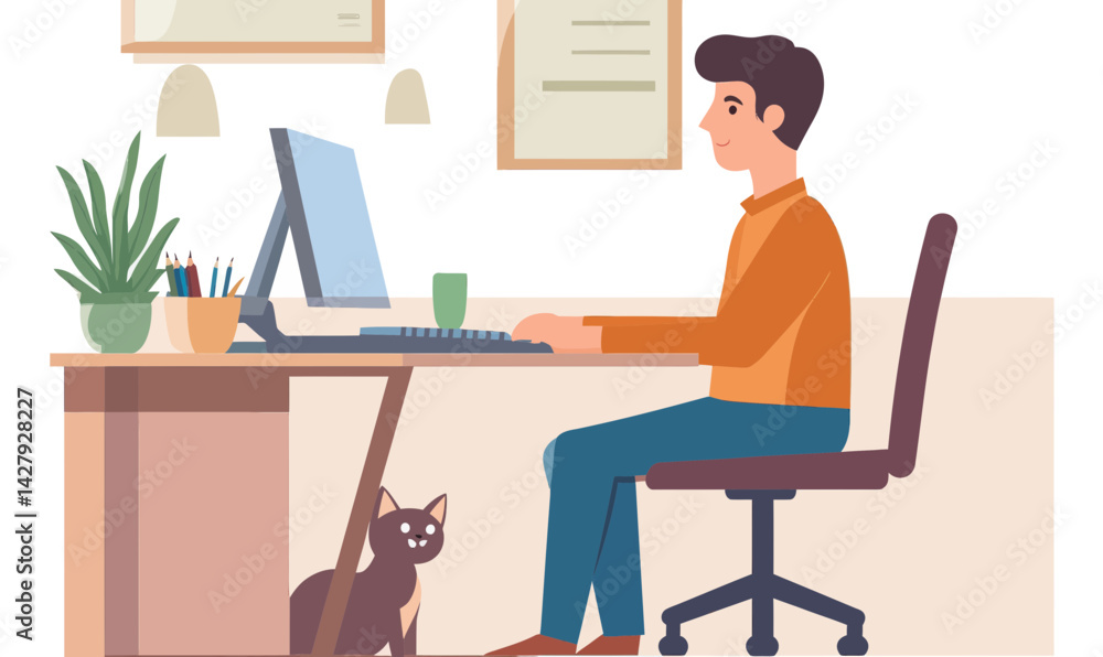 Home Office Productivity: Man Working with Computer and Cat in Minimalist Vector Design Home Office Productivity: Man Working with Computer and Cat in Minimalist Vector Design