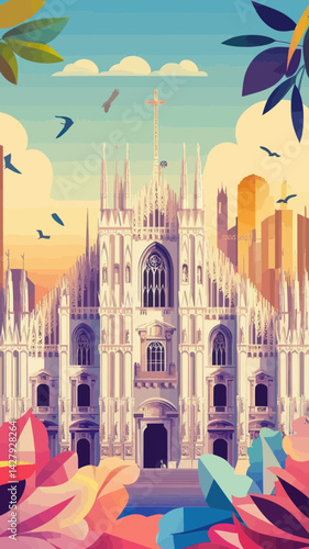 Retro Milan Travel Poster: Duomo Cathedral Cityscape in Vintage Summer Style