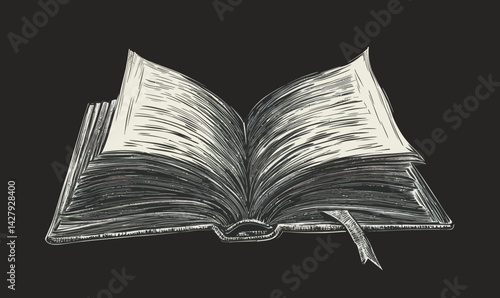 Engraved Open Book Sketch Vector Illustration for Literary and Educational Themes