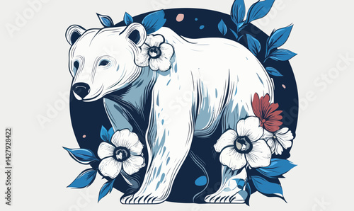 White Bear with Floral Accents in Minimalist Blue Vector Art Illustration