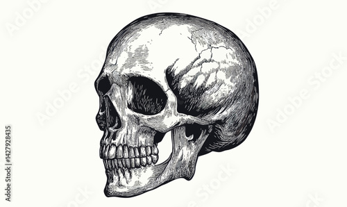 Intricate Woodcut Style Human Skull Vector Illustration for Minimalist Design