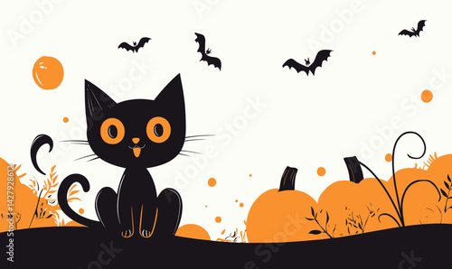 Halloween Banner with Black Cat and Pumpkins Illustration for Festive Decoration