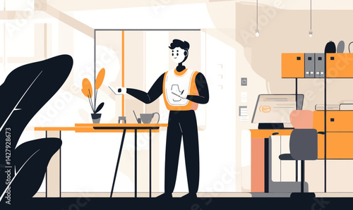 Modern Workplace with Chatbot Interaction and AI Automation in Minimalist Office Setting