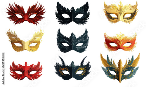 Colorful Festival Feathered Masks Set for Carnival and Masquerade Parties in Minimalist Style