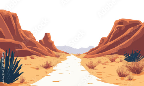 Minimalist Desert Landscape with Narrow Road and Rugged Cliffs in Flat Vector Art