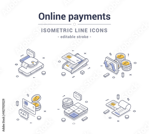 Isometric line icon collection for online payments, featuring symbols of digital transactions and financial operations, perfect for infographics. Modern vector illustrations set