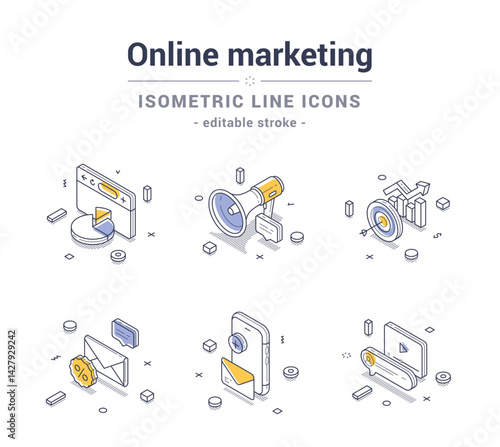 Set of isometric line icons representing various aspects of online marketing, including social media, analytics, and email campaigns. Perfect for digital marketing materials. Vector illustration