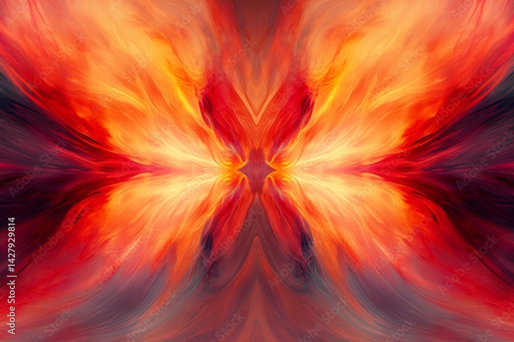 Abstract symmetrical design of vibrant, flowing colors. A visually striking, dynamic image with hues of orange, red, and maroon Abstract symmetrical design of vibrant, flowing colors. A visually striking, dynamic image with hues of orange, red, and maroon