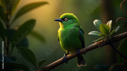 Blurred image of a small bird perched on a branch in nature