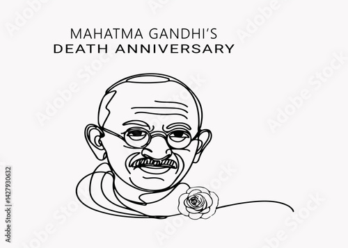 Line Art of Mahatma Gandhi Commemorating His Death Anniversary with a Red Rose