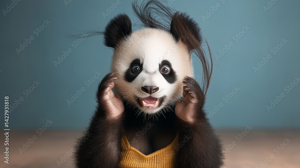 Panda bear with a yellow sweater on and a big smile on its face. The bear is looking at the camera and he is happy Panda bear with a yellow sweater on and a big smile on its face. The bear is looking at the camera and he is happy