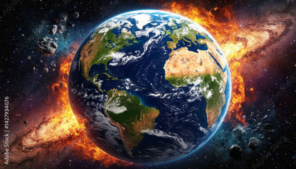 Obraz premium End of the universe, planet Earth is on fire. AI generated.