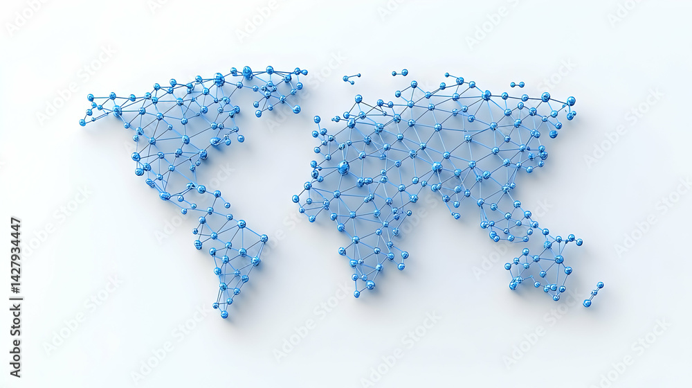 Fototapeta premium Abstract world map with connected dots and lines in blue tones