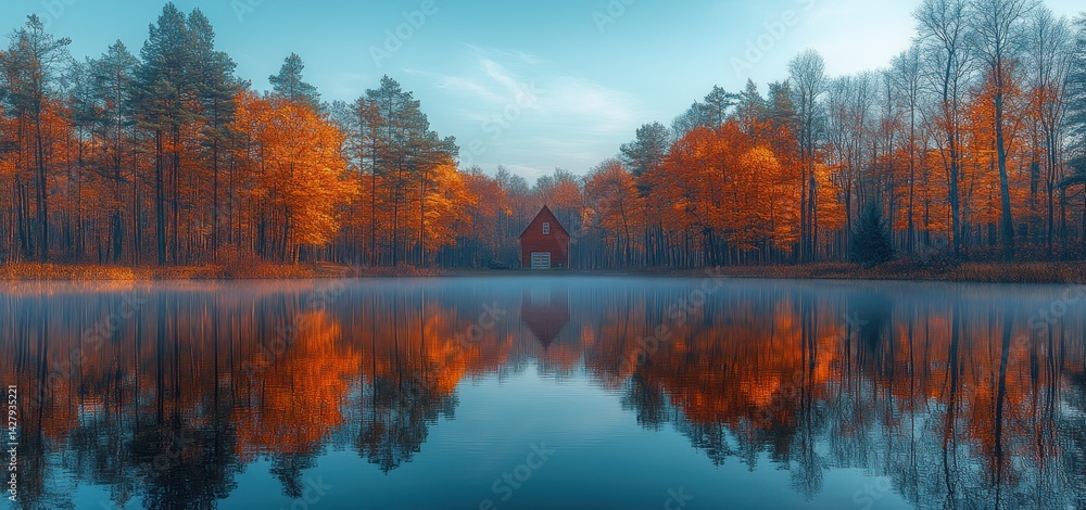 Autumnal Serenity: Red Barn Reflecting on a Calm Lake Autumnal Serenity: Red Barn Reflecting on a Calm Lake