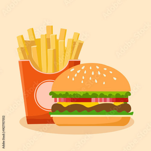 Charming vector illustration of a burger and fries in a container.