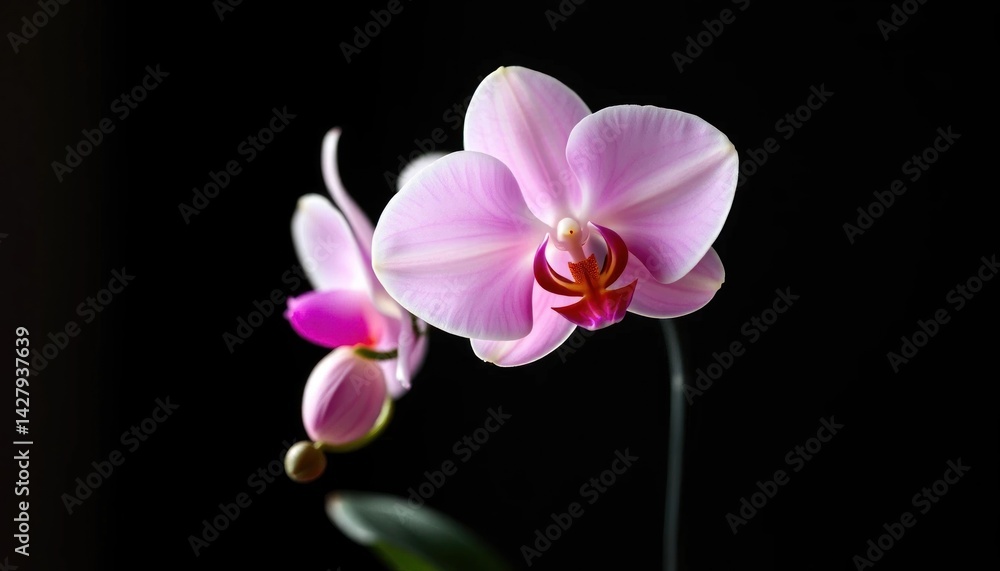 Fototapeta premium Elegant pink orchid blossoms against a sleek dark backdrop, captivating floral arrangement