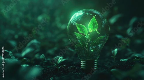 a green light bulb with a plant inside of it, green energy, environmental light