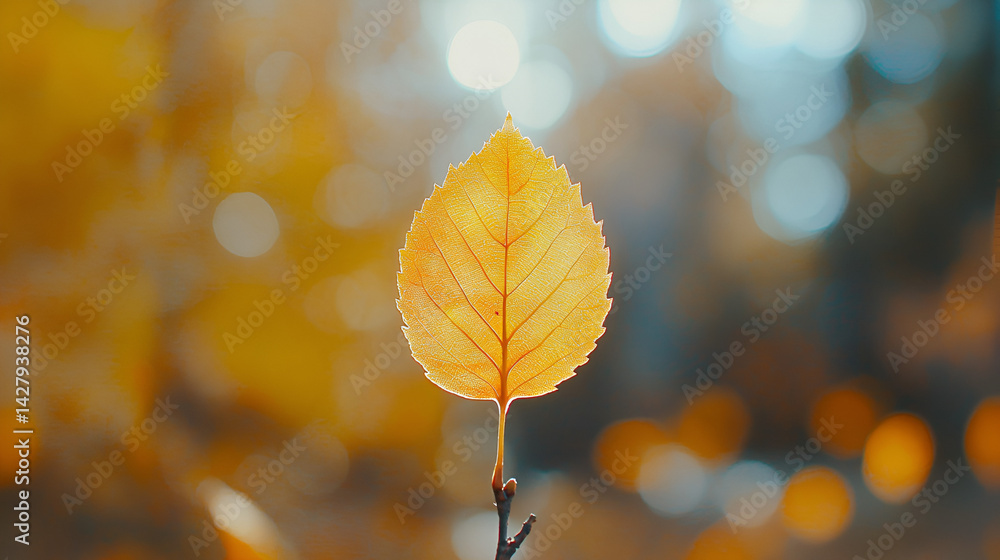 Close up of a single yellow leaf on a twig with a blurred background in autumn sunlight Close up of a single yellow leaf on a twig with a blurred background in autumn sunlight
