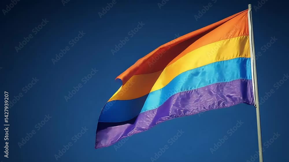 Rainbow flag waving on clear blue sky representing diversity and inclusion