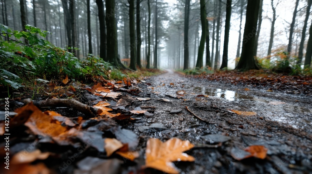 Naklejka premium Wet forest trail with fallen autumn leaves, muddy path, foggy atmosphere and tall trees in the background