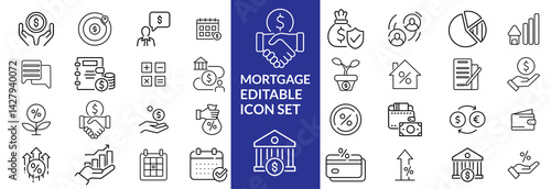 loan line icons. Mortgage, credit, debt, tax etc. Editable stroke Mortgage icon set .