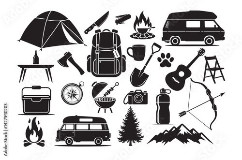 "Hand-Drawn Hiking & Camping Set – Perfect for Posters and Flyers."