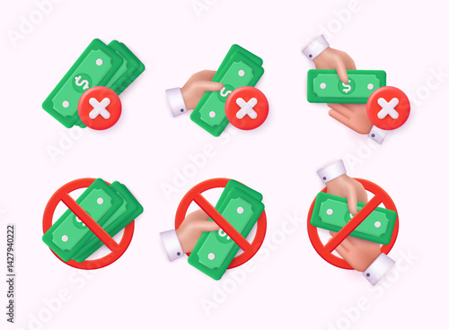 Stopping corruption concept. Set 3d icons of finance, Bank, Financial services. Stack of Money. 3D Web Vector Illustrations.