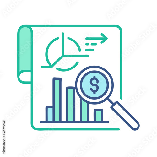Financial Analysis Chart with Magnifying Glass and Dollar Sign Icon