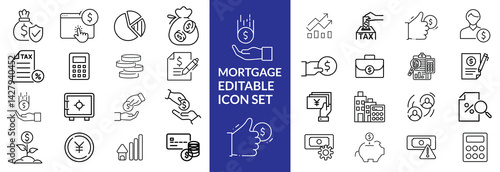 loan line icons. Mortgage, credit, debt, tax etc. Editable stroke Mortgage icon set .