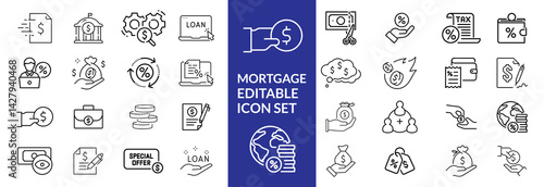 loan line icons. Mortgage, credit, debt, tax etc. Editable stroke Mortgage icon set .