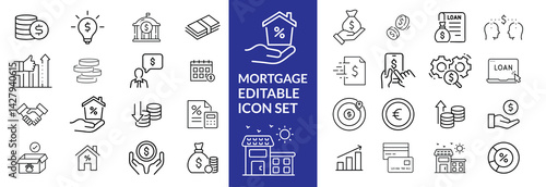 loan line icons. Mortgage, credit, debt, tax etc. Editable stroke Mortgage icon set .