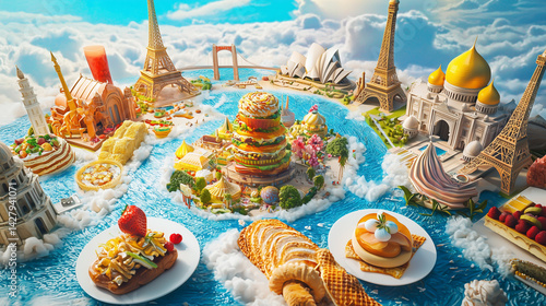 Creative dessert landscape featuring iconic global landmarks made of sweets