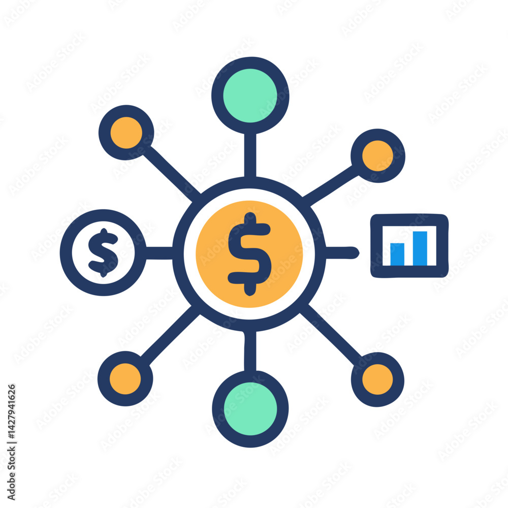 Decentralized Finance Icon with Dollar Sign, Graph, and Connected Nodes on Black Decentralized Finance Icon with Dollar Sign, Graph, and Connected Nodes on Black