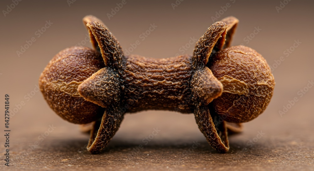 Obraz premium Macro Photography Exquisite Detail of a Dried Cloves Spice, Symmetrical View, Brown Hues, Aromatic, Culinary Ingredient
