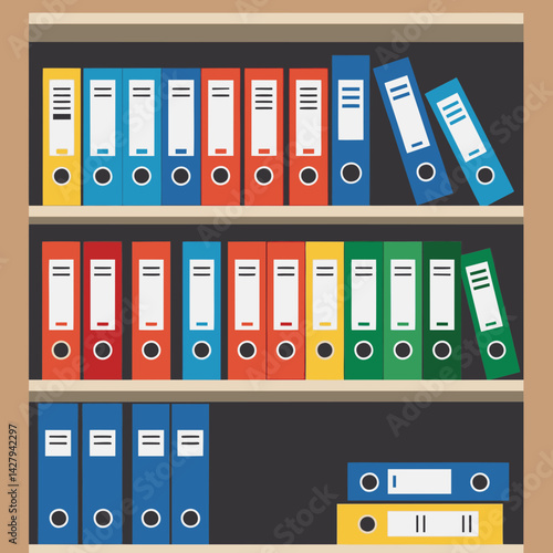 Colorful File Binders Organized on Office Shelves - Flat Vector Illustration