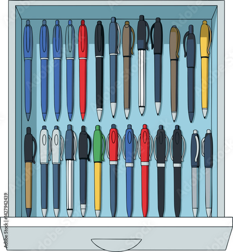 Assorted Pens Organized in Office Drawer  - Flat Vector Illustration