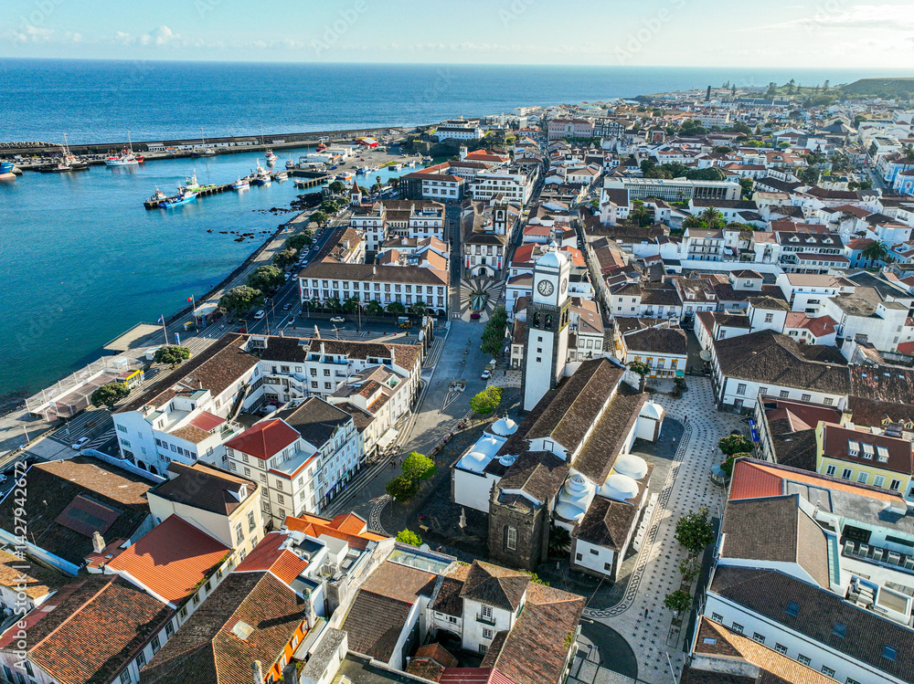 Obraz premium Residential district of Ponta Delgada with red rooftops, greenery, and scenic hills in the background
