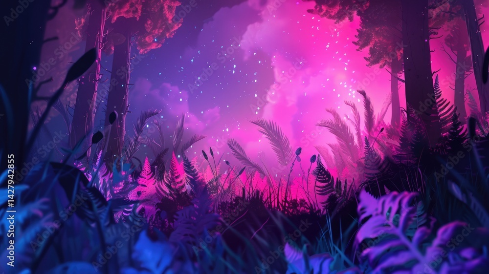 Fototapeta premium Discover a vibrant digital background ideal for avatar creation, featuring a colorful forest scene with ethereal light and lush flora. Perfect for artistic projects.