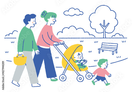 Family pushing a stroller in a park for a walk_Color