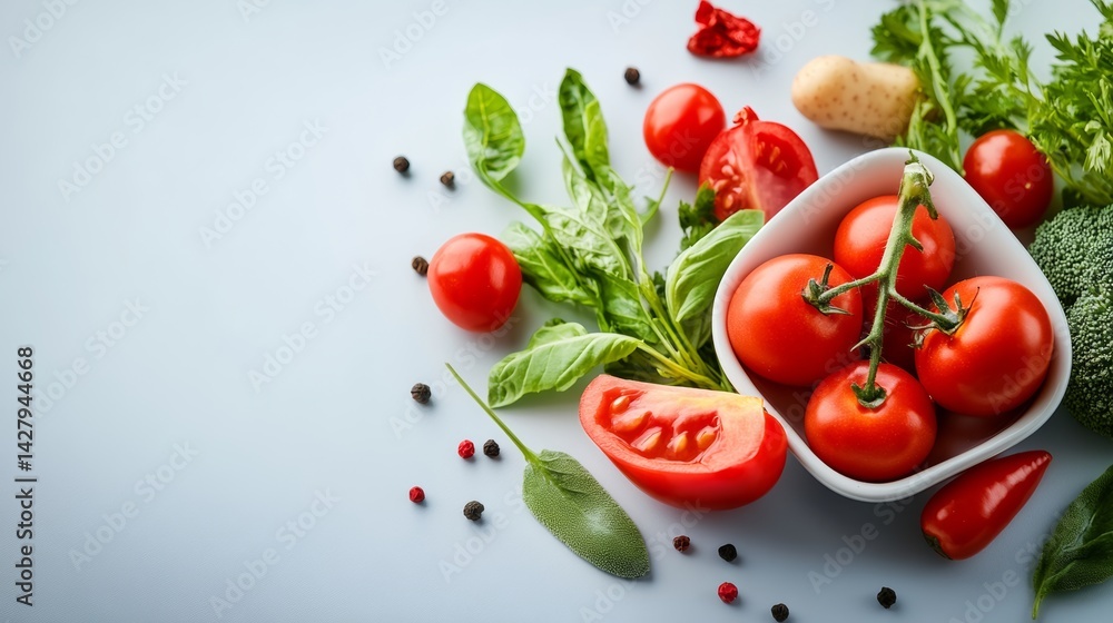Bowl of tomatoes and other vegetables on a white background. The bowl is filled with a variety of vegetables including tomatoes, broccoli, and peppers. The bowl is placed on a table Bowl of tomatoes and other vegetables on a white background. The bowl is filled with a variety of vegetables including tomatoes, broccoli, and peppers. The bowl is placed on a table