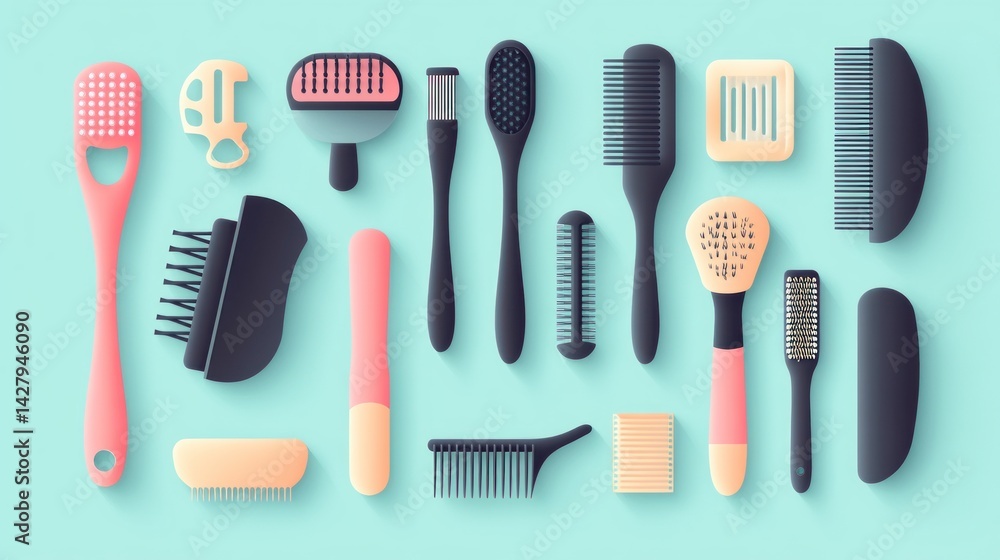 Hairbrush toolkit illustration for hairstylists - minimal flat style with labels Hairbrush toolkit illustration for hairstylists - minimal flat style with labels