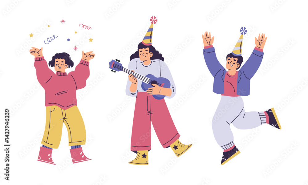 Fototapeta premium Children at Happy Birthday Party Celebrating Holiday Vector Set