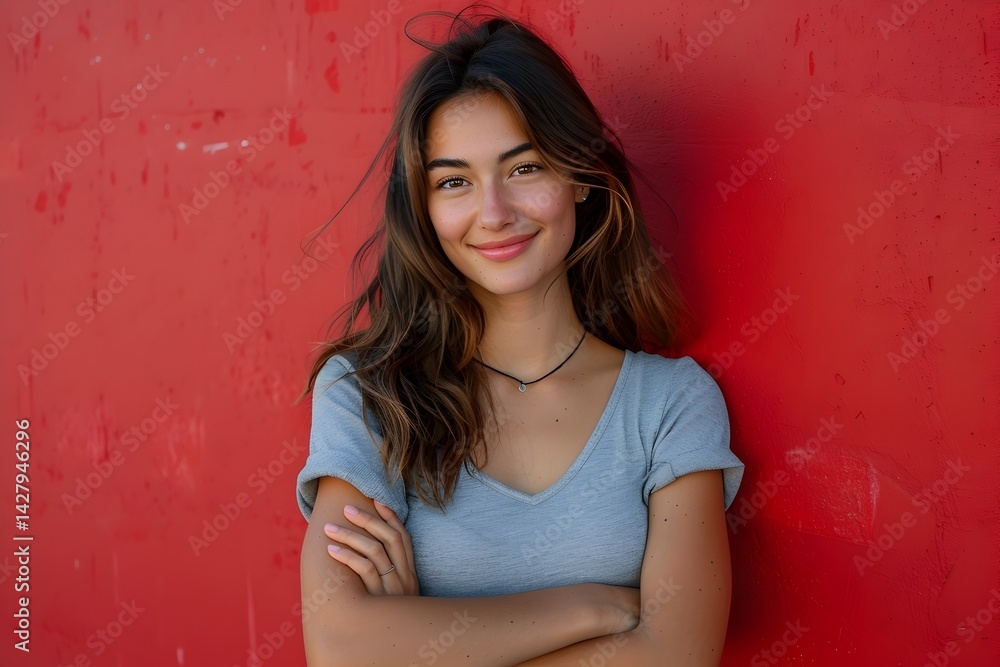 Fototapeta premium Confident and Stylish Young Woman Exudes Empowerment and Grace Against Striking Red Backdrop